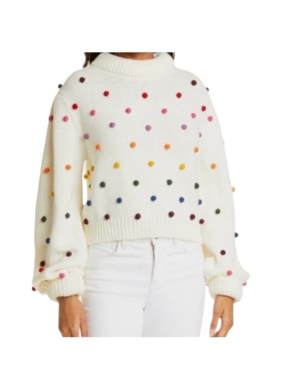 FARM Rio White Crewneck Sweater with Multicolor Pom-Poms